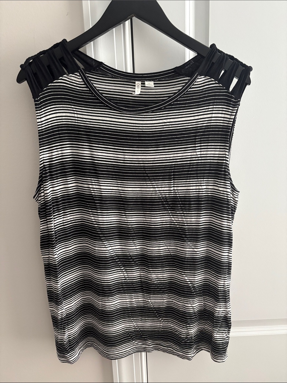 Cato Black and White Striped Sleeveless Tank with Ladder Shoulder Detail
